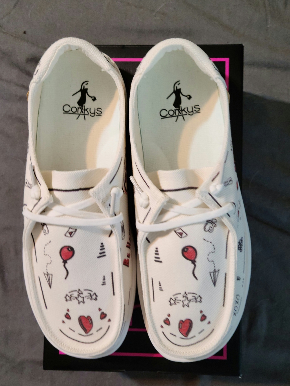 Corkys White Canvas Sneakers with Red Heart & Balloon Graphics